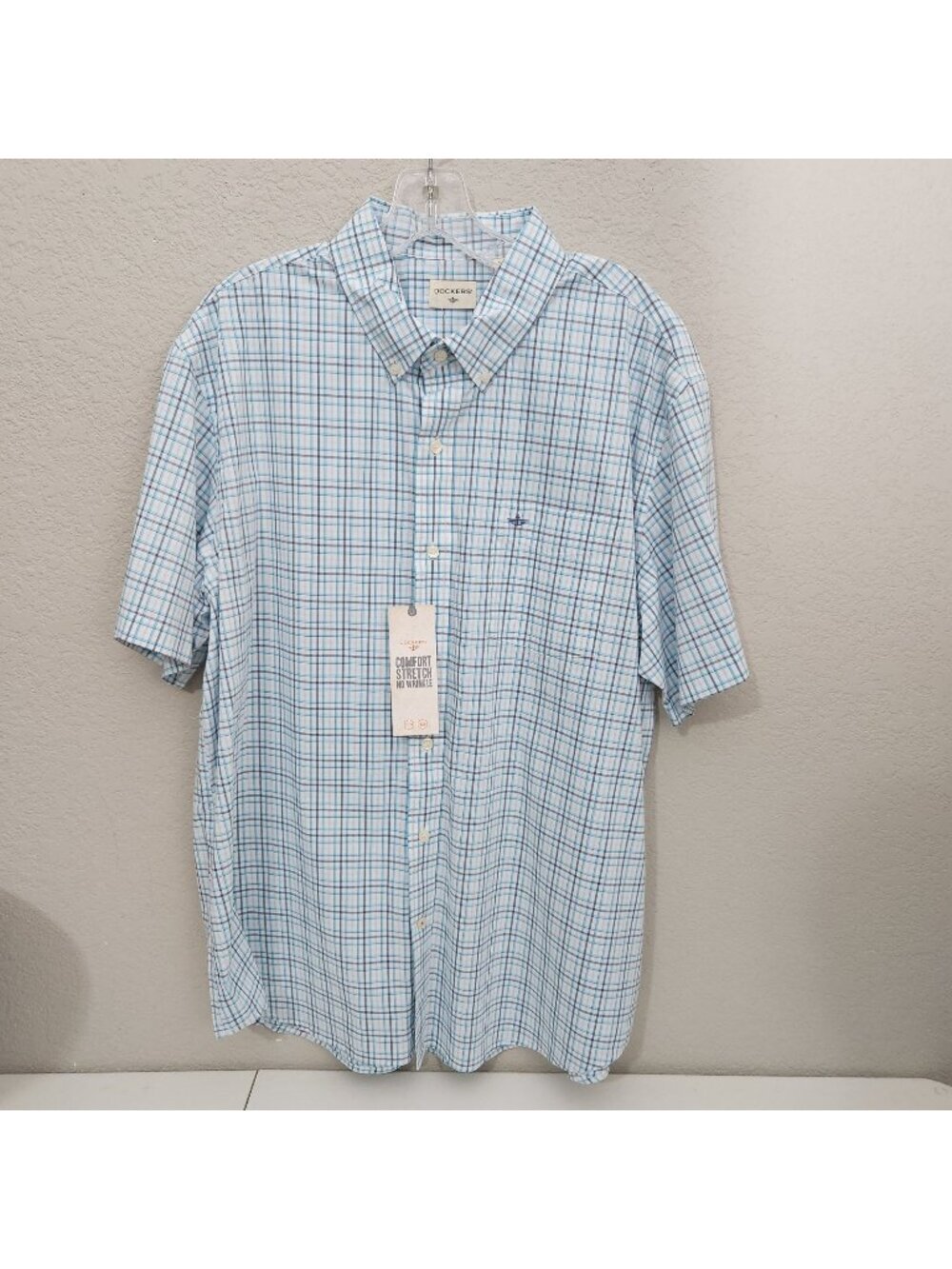 Dockers Mens Comfort Stretch No Wrinkle Button-Down Plaid Shirt XL Blue